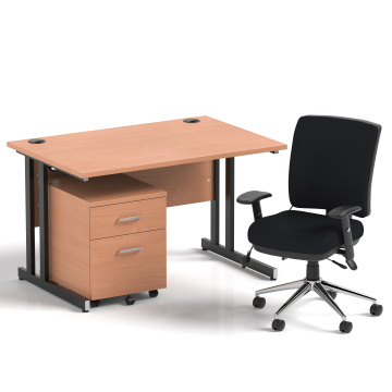Office Desk Bundles Impulse 1200 Desk Beech, Black Cantilever Leg, 2 Drw Mobile Ped, Chiro Mid Black BUND1025