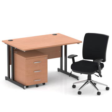 Office Desk Bundles Impulse 1200 Desk Beech, Black Cntlvr Leg, 3 Drw Ped, Chiro Mid Back Black BUND1031