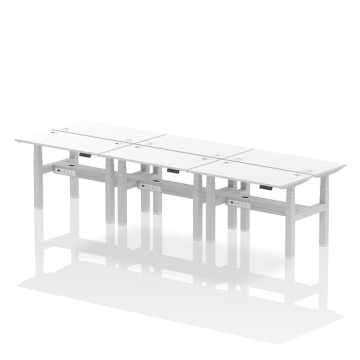 Air B2B 6 Person Slimline Height Adjustable Desk Silver Frame, Cable Ports