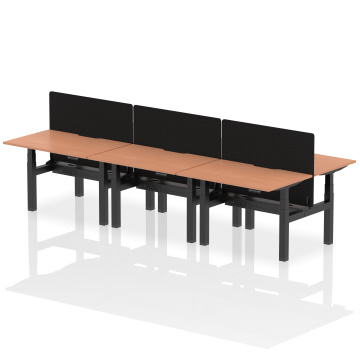 Office Ergonomic Desks Air B2B 1200x800mm HAdj 6P Desk Beech Top,scallops Black Frame, Black Screen HA01789