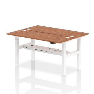 Office Bench Desks Air B2B 1600x600mm HAdj 2P Desk Walnut, Cable Ports White Frame DI HA02206DI