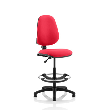 Eclipse I Draughtsman chair with ringed foot rest shown with red fabric back & seat