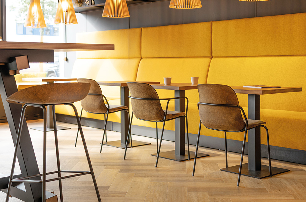 Hemp Fine side chairs and bar stools by Nomique, made from locally-sourced hemp and plantics bio-resin, shell finished with linseed oil.
