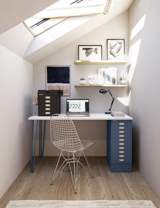 single desk with metal hairpin legs and storage drawer units in workspace settings