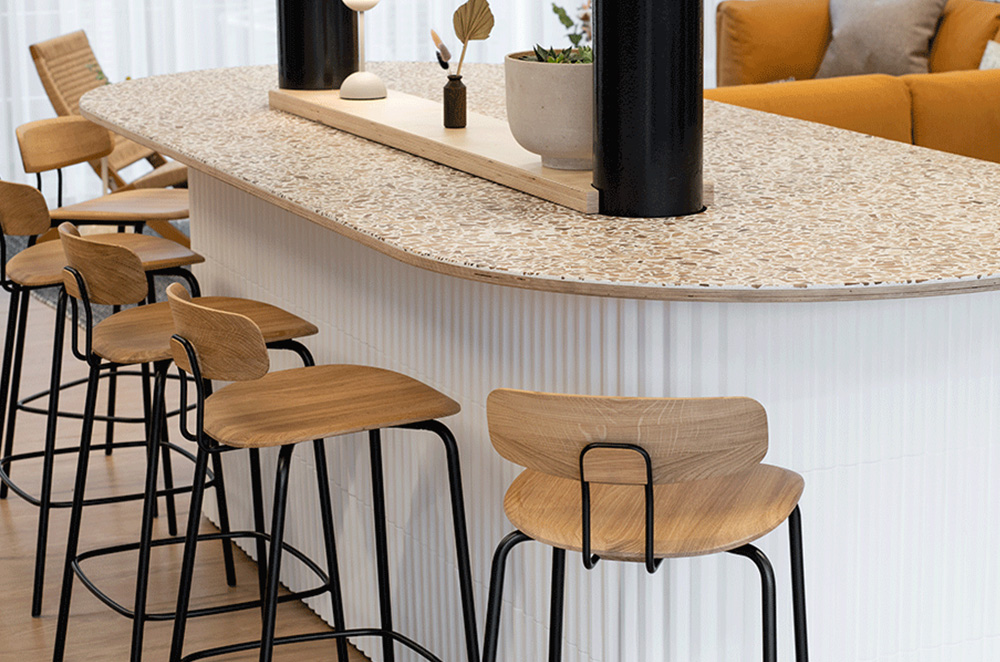 Recycled wood shaving table tops are available to view in our London showroom