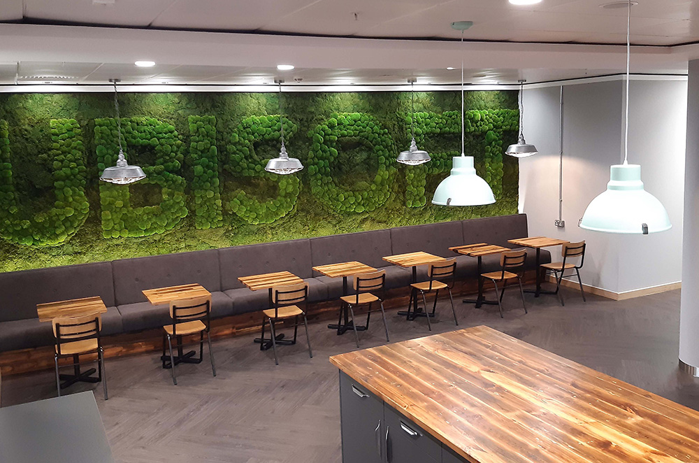 Recent wagstall installation featuring a striking biophilic wall and sustainably-sourced wooden furnishings.